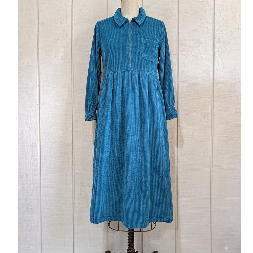 Vintage Fads Teal Blue Corduroy Zip Midi Dress Long Sleeve Cotton 6 Modest